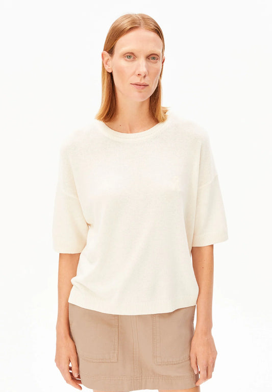 Linen Blend Knit Sweater in Undyed – ARMEDANGELS Canada front view on model