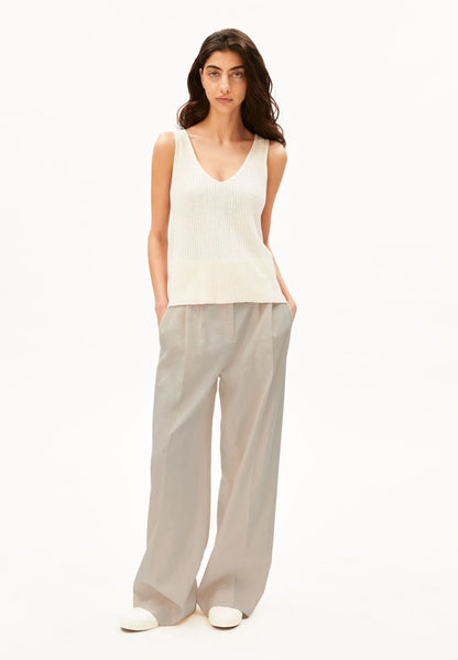 ARMEDANGELS Canada women's Linen Blend Knit Top in Undyed natural front shot full length on model in Kelowna