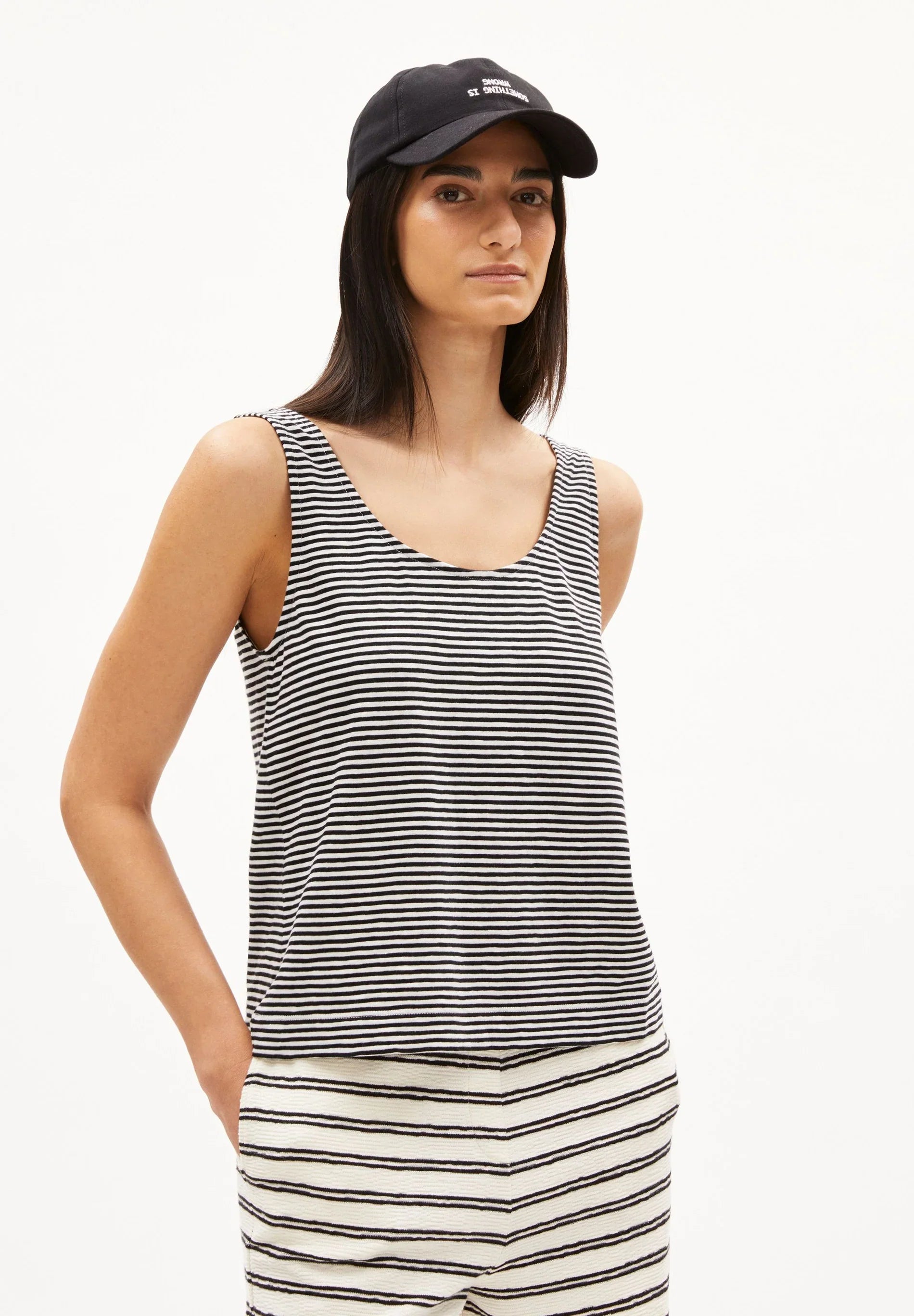 ARMEDANGELS MINAAMI LITA TOP in Black-Oatmilk, front view on model, organic cotton stripe tank top