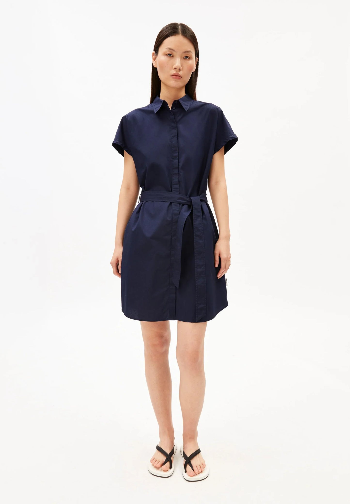 ARMEDANGELS LARISAANA Poplin Mini Dress in Tinted Navy, front studio shot on model in Kelowna, organic cotton