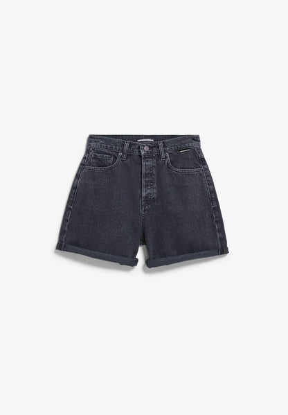 Black denim shorts on a white background for Kelowna and Canada
