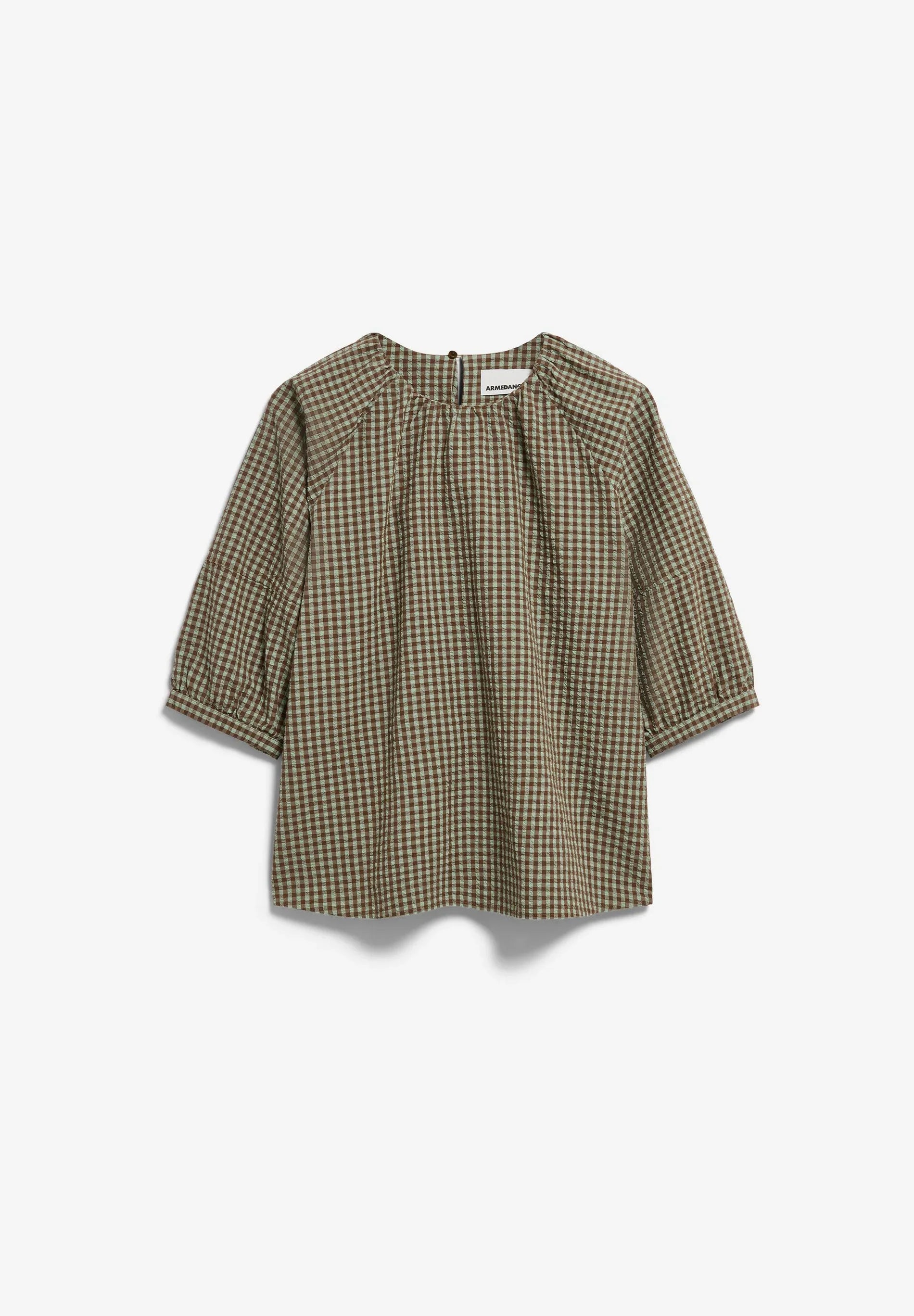 Full flat lay of green and brown checked 3/4 length sleeve shirt
