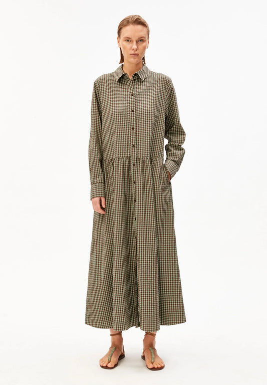 Full length model shot in green and brown check dress for Kelowna and Canada