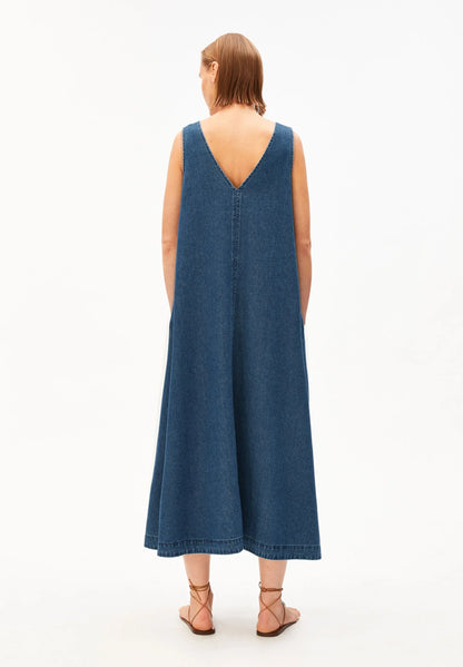 women's ARMEDANGELS Denim V-Neck Midi Dress in Eau, full model back view in Kelowna