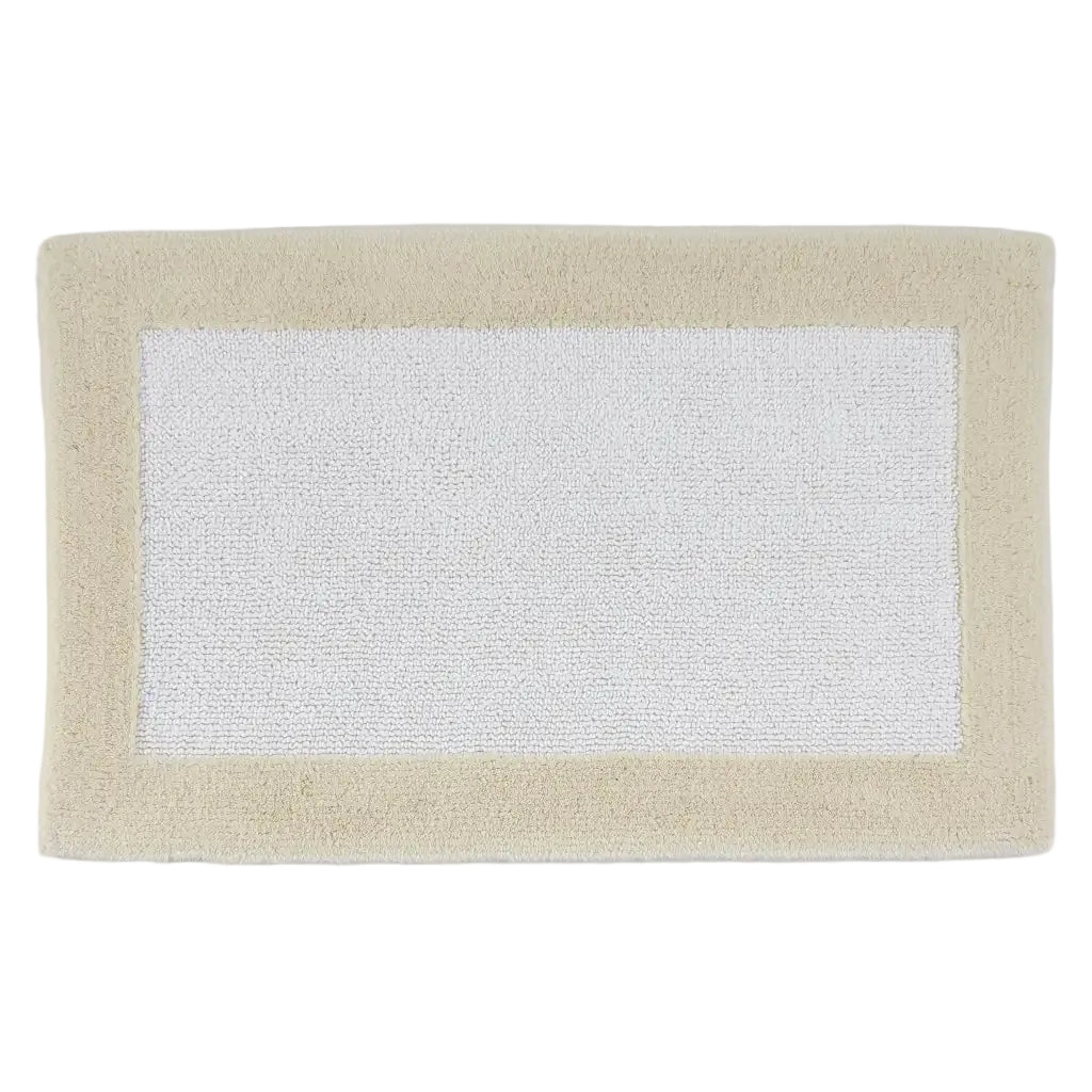 Rectangular bath mat with beige border on a white background