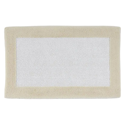 Rectangular bath mat with beige border on a white background
