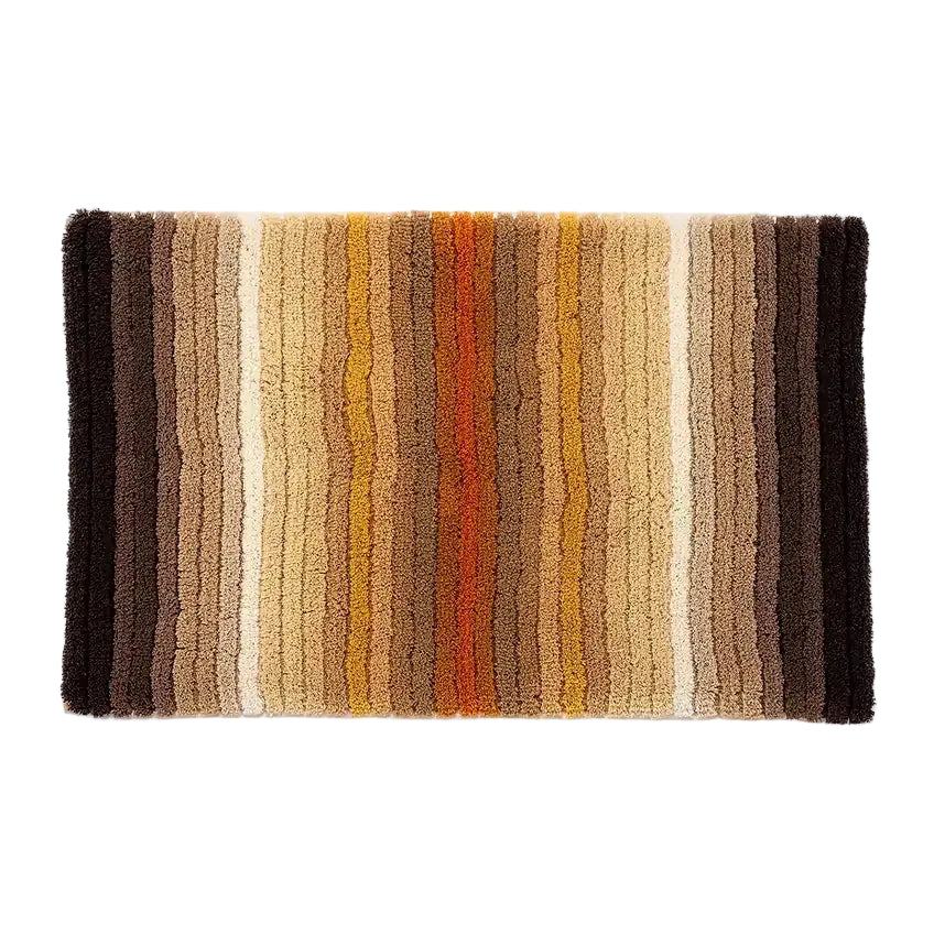 Striped bath mat with brown, beige, and orange colors on a white background