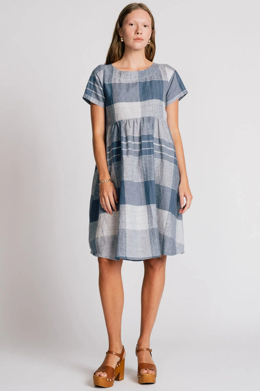 blue plaid babydoll dress front view on model in kelowna from Alison Wonderland