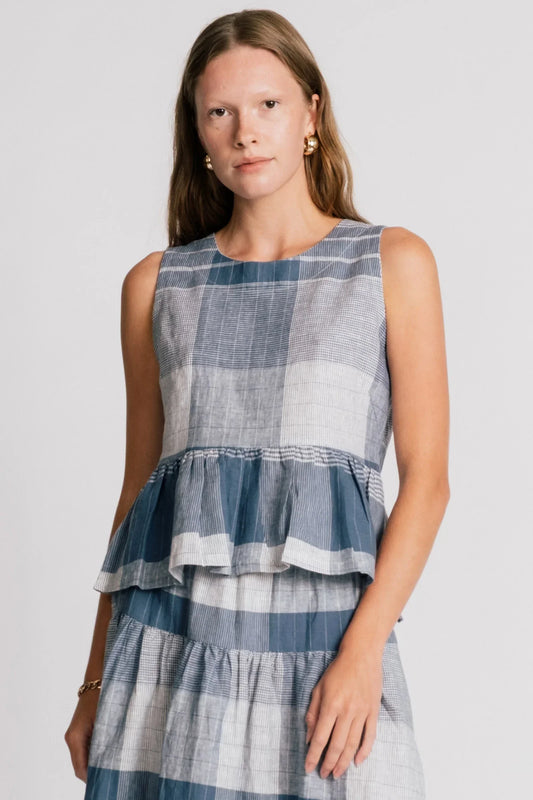 blue plaid linen cotton blend blouse from Alison Wonderland. Front view close up on model in Kelowna.