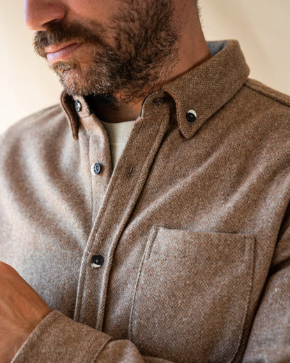 Anián - FW24 - Men's Modern Melton Wool in Oyster - On  model collar close-up 7