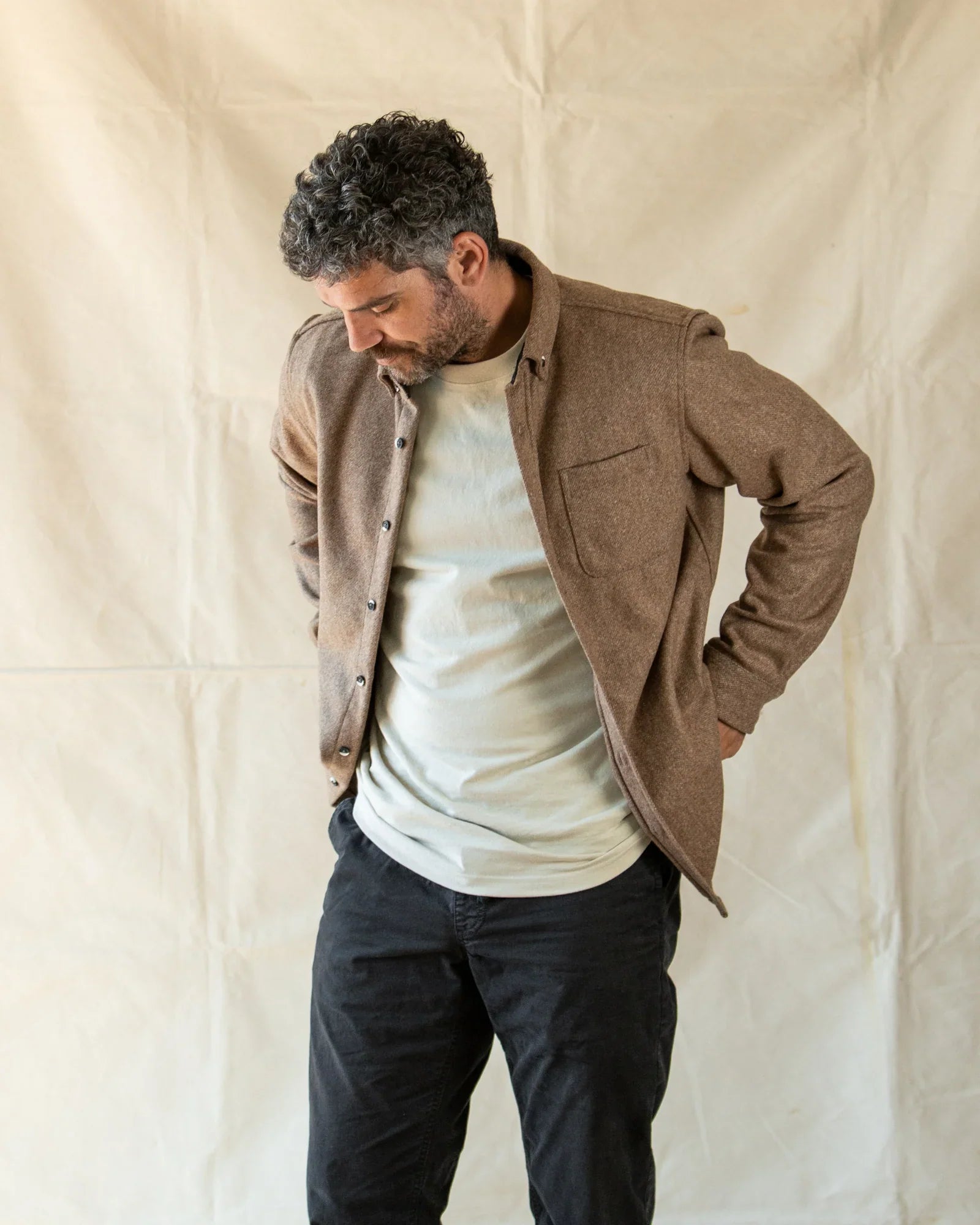 Anián - FW24 - Men's Modern Melton Wool in Oyster - On model open front 6