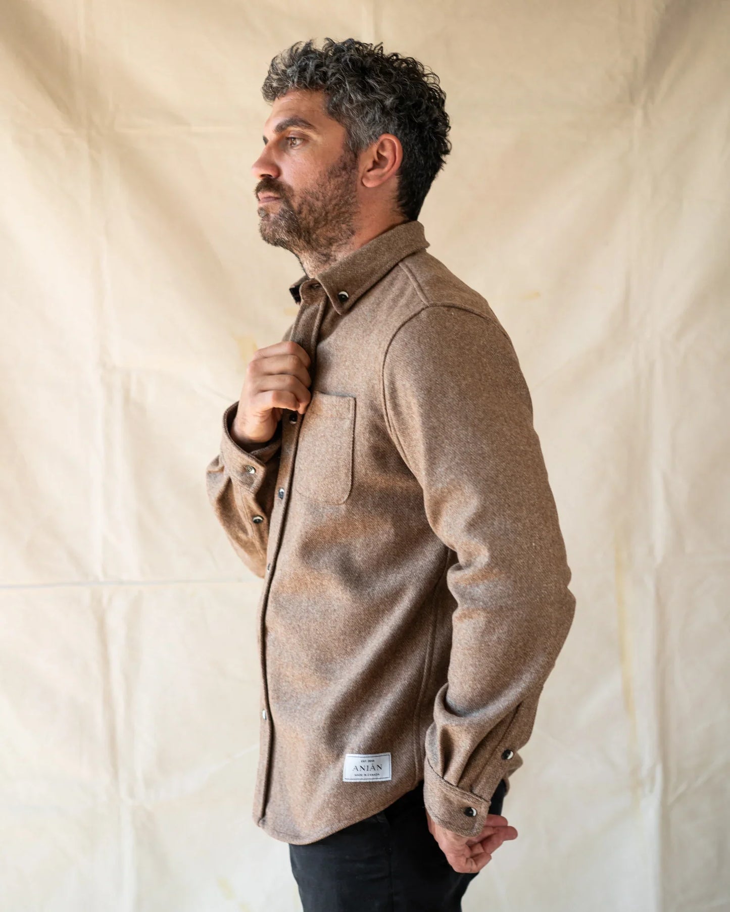 Anián - FW24 - Men's Modern Melton Wool in Oyster - On model side 5