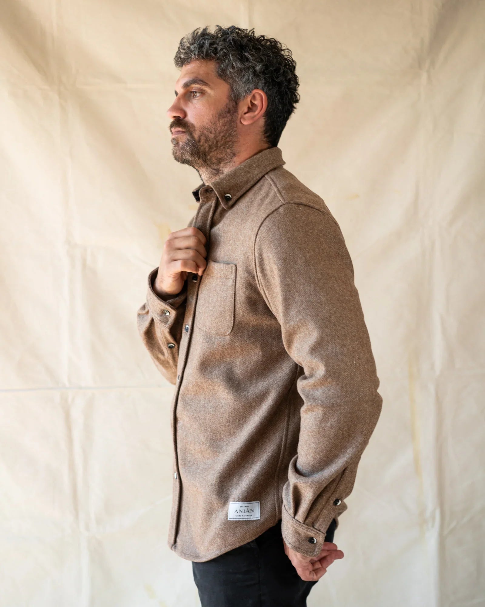 Anián - FW24 - Men's Modern Melton Wool in Oyster - On model side 5