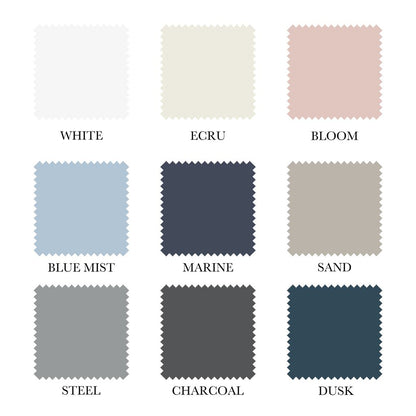Colour swatches labeled with names such as White, Ecru, Bloom, Blue Mist, Marine, Sand, Steel, Charcoal, and Dusk on a white background.