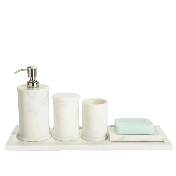 Bathroom accessory set with marble-like finish including a dispenser, cups, and soap dish on a white background.