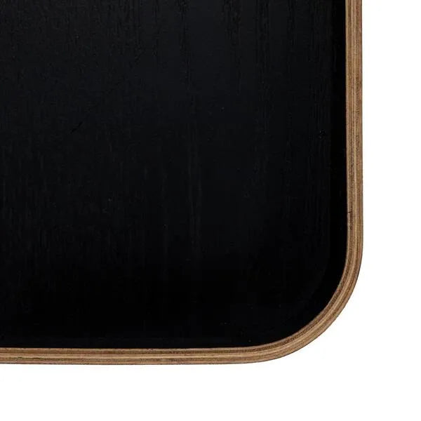 Black tray with wooden border on a white background