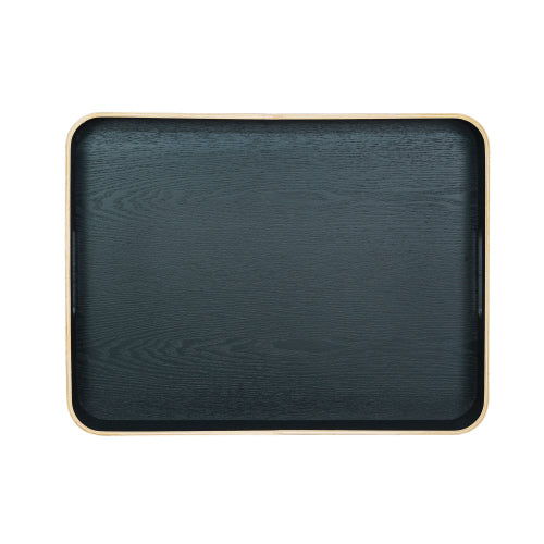 A black oak wood tray with handles, presented against a white background.