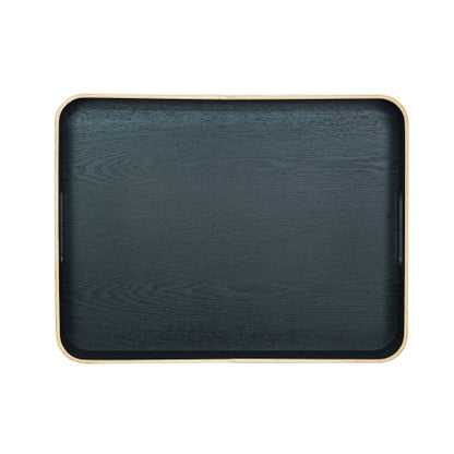 A black oak wood tray with handles, presented against a white background.