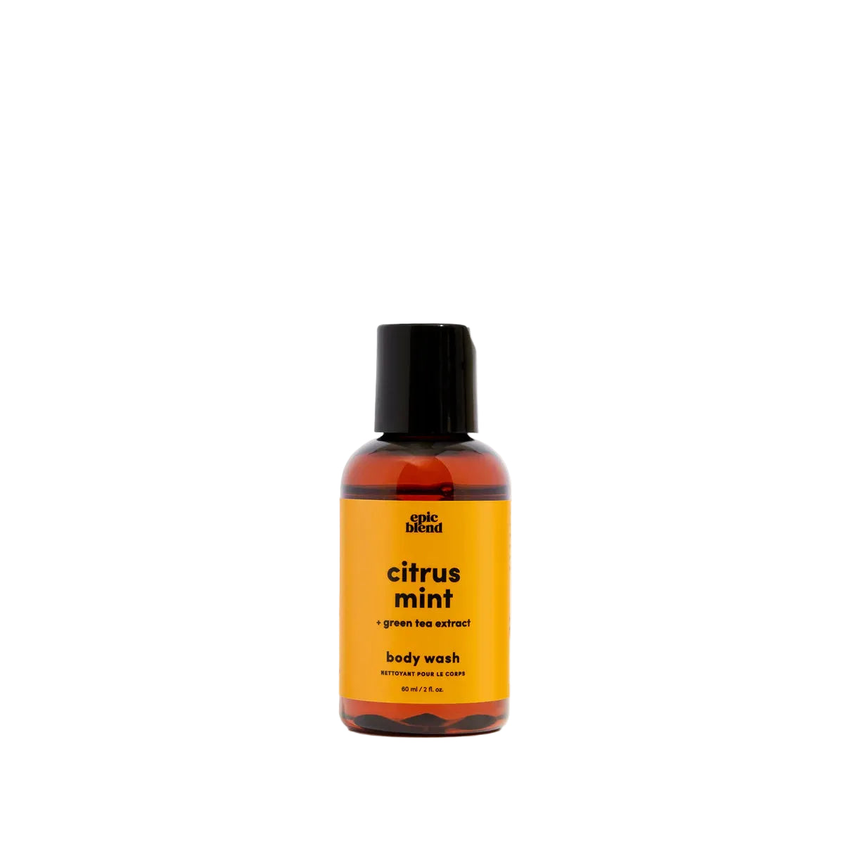 Bottle of 'Citrus Mint' body wash with a yellow label on a white background