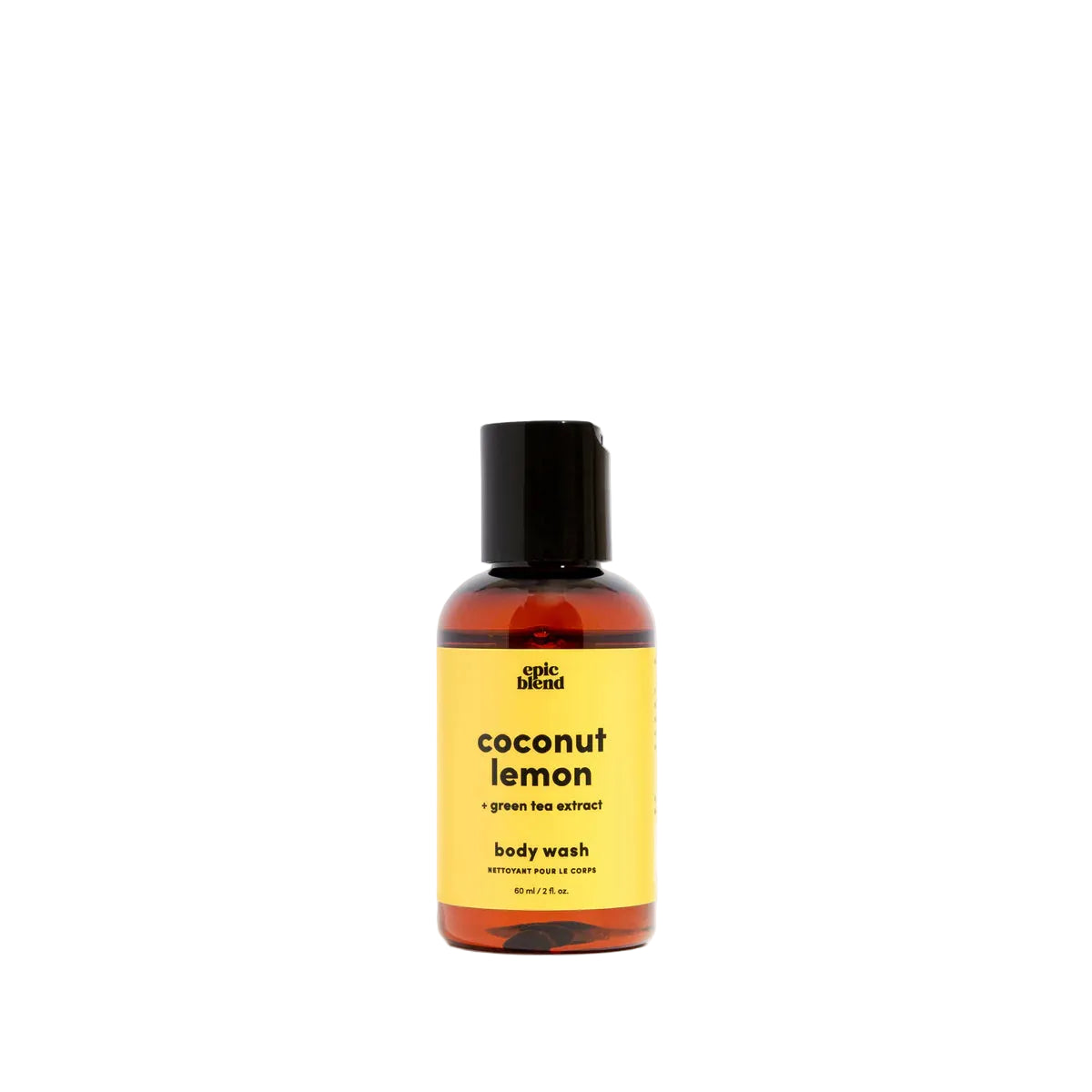 Bottle of coconut lemon body wash with a yellow label on a white background
