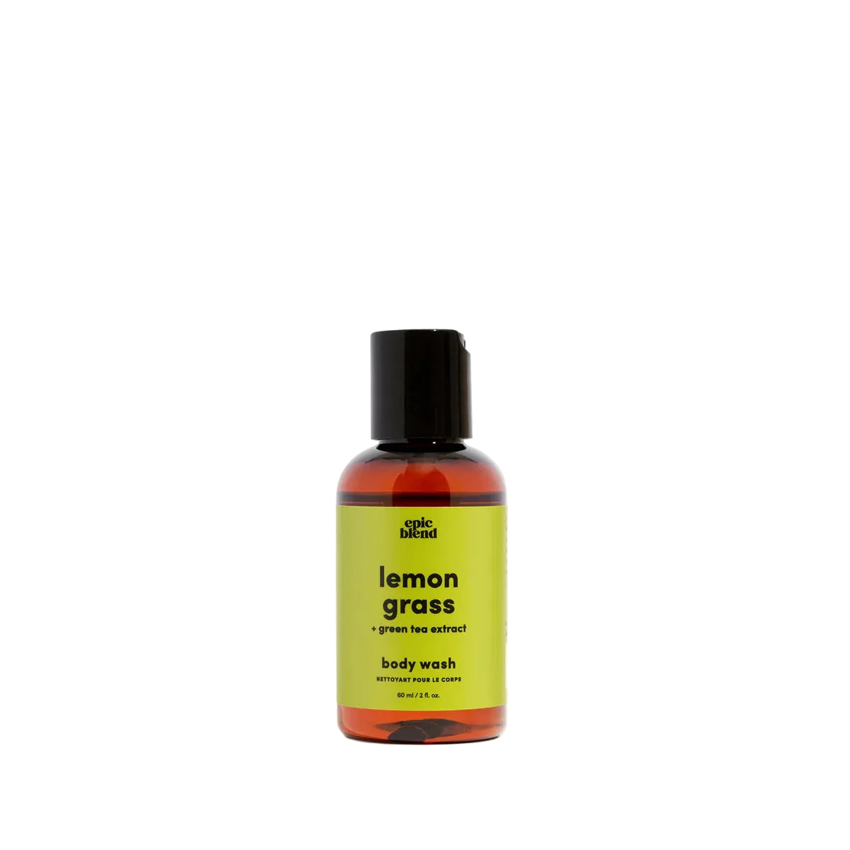 Bottle of lemon grass body wash with a black cap on a white background