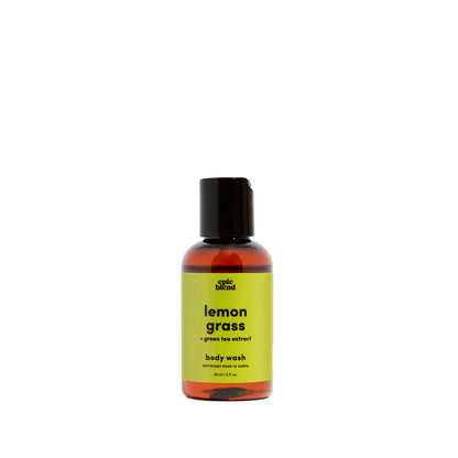 Bottle of lemon grass body wash with a black cap on a white background