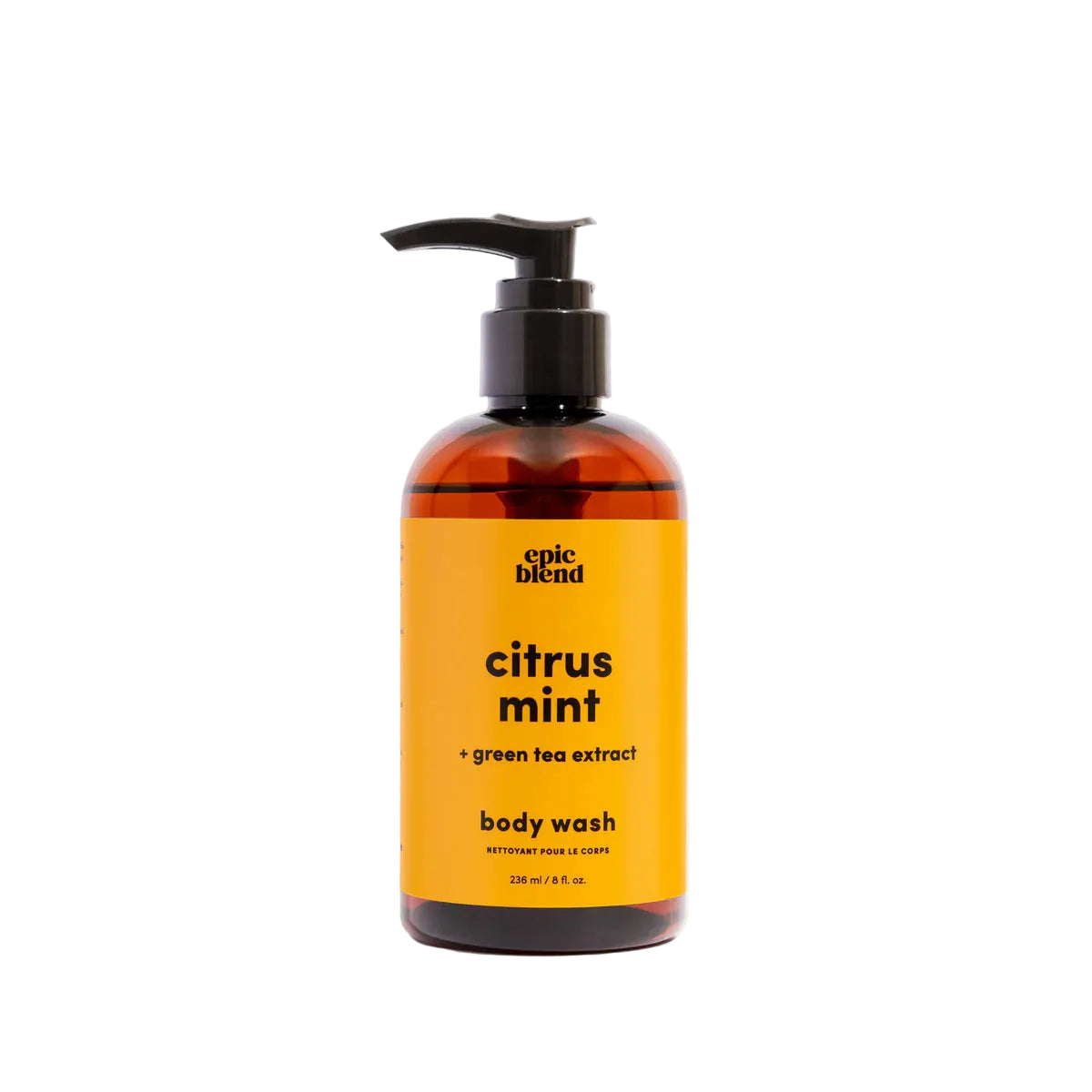 Orange bottle of epic blend citrus mint body wash on a white background