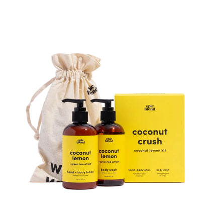 Coconut lemon hand and body lotion, body wash, and packaging on a white background