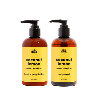Two bottles of 'coconut lemon' hand and body lotion and body wash from epic blend on a white background.