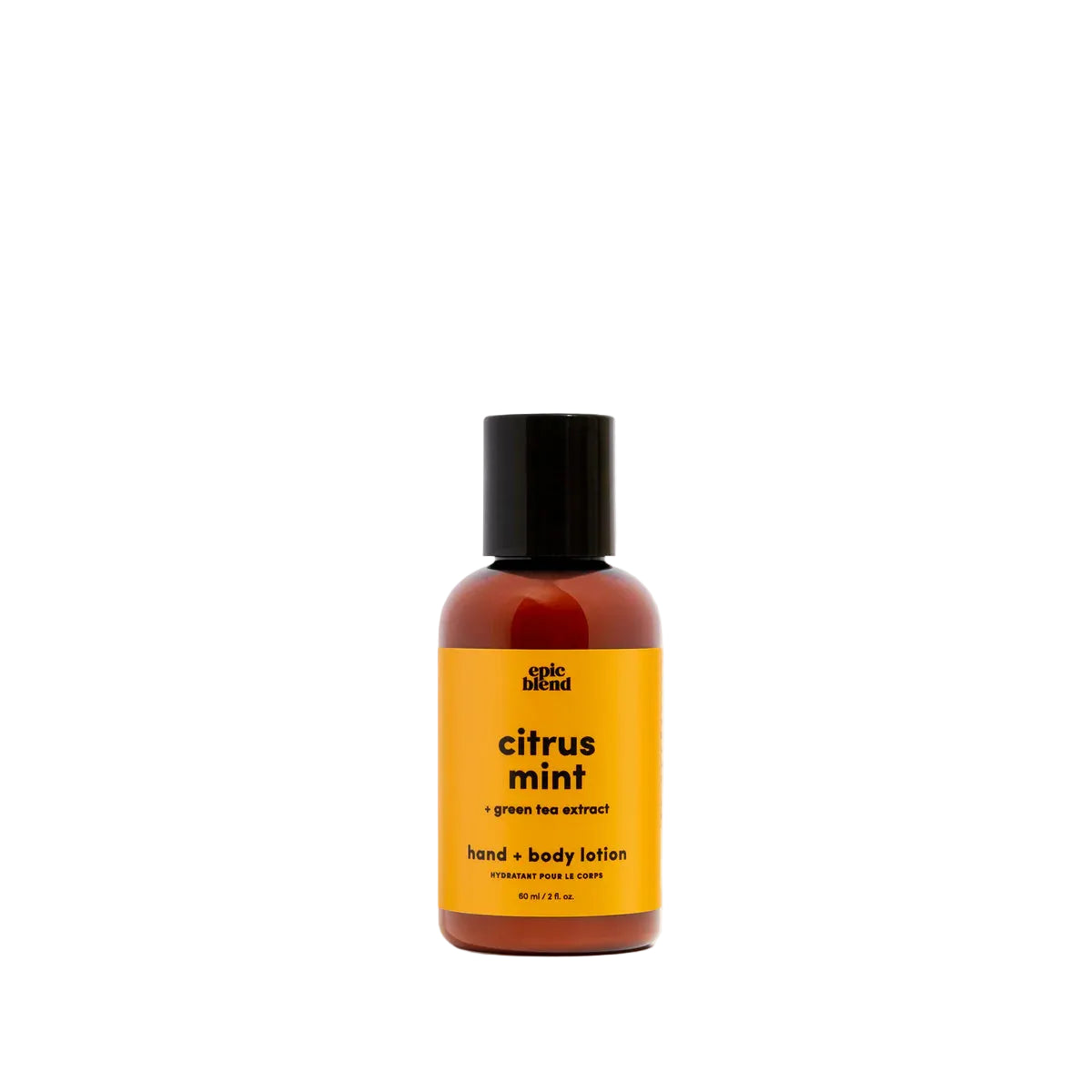 Bottle of 'Citrus Mint' hand and body lotion with a yellow label on a white background