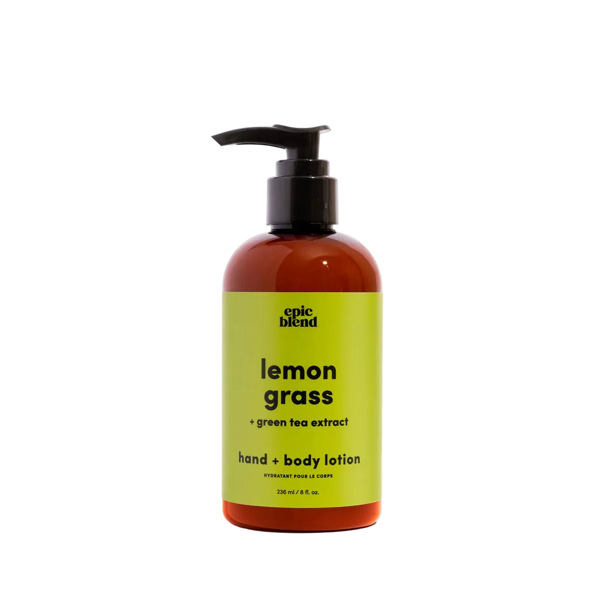 Hand and body lotion bottle with lemon grass and green tea extract on a white background