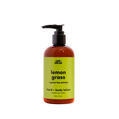 Hand and body lotion bottle with lemon grass and green tea extract on a white background