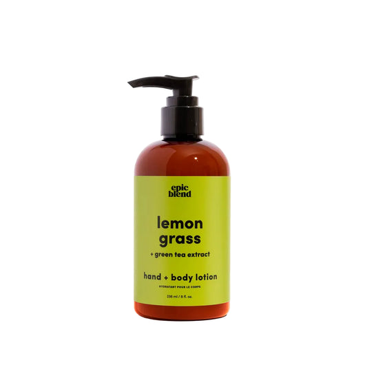 Hand and body lotion bottle with lemon grass and green tea extract on a white background