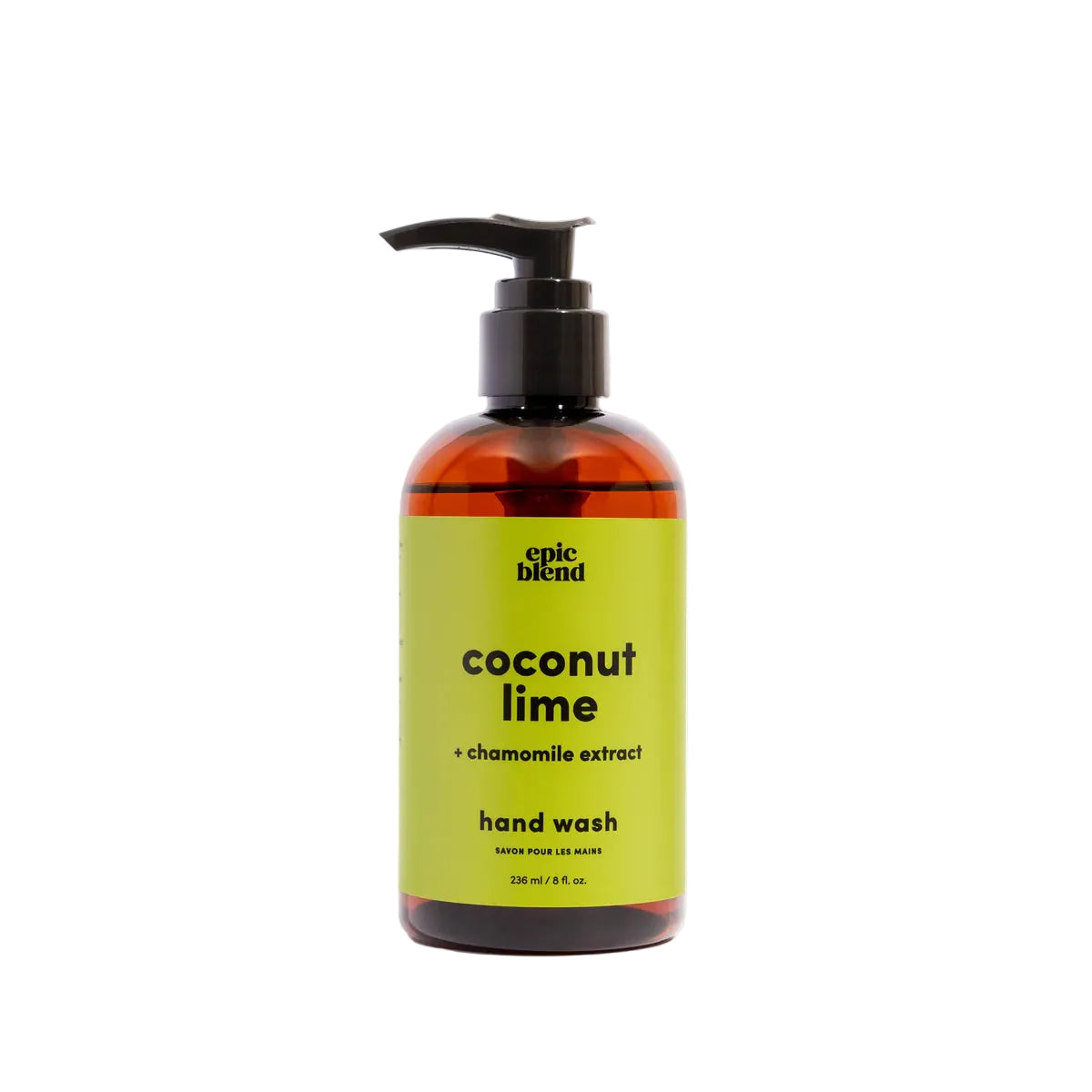 Bottle of coconut lime hand wash with pump on a white background