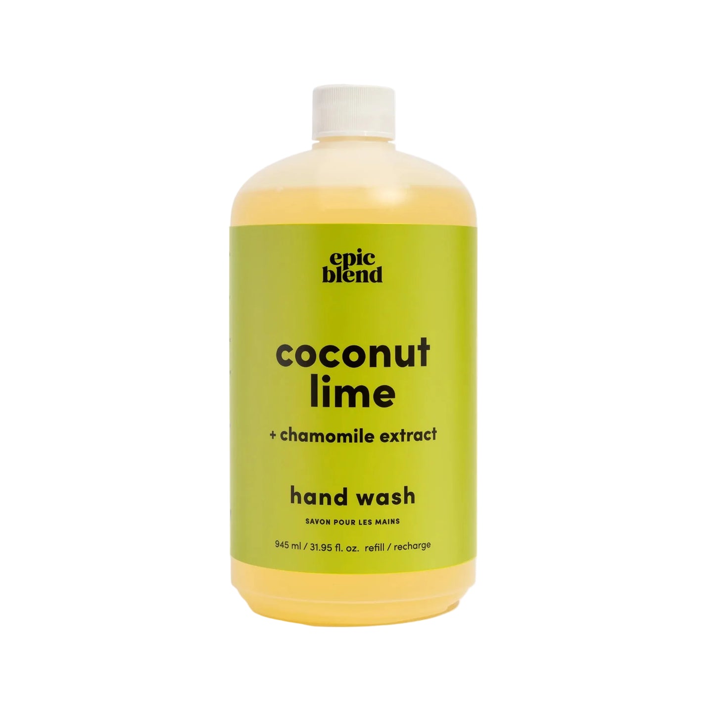 Bottle of epic blend coconut lime hand wash on a white background