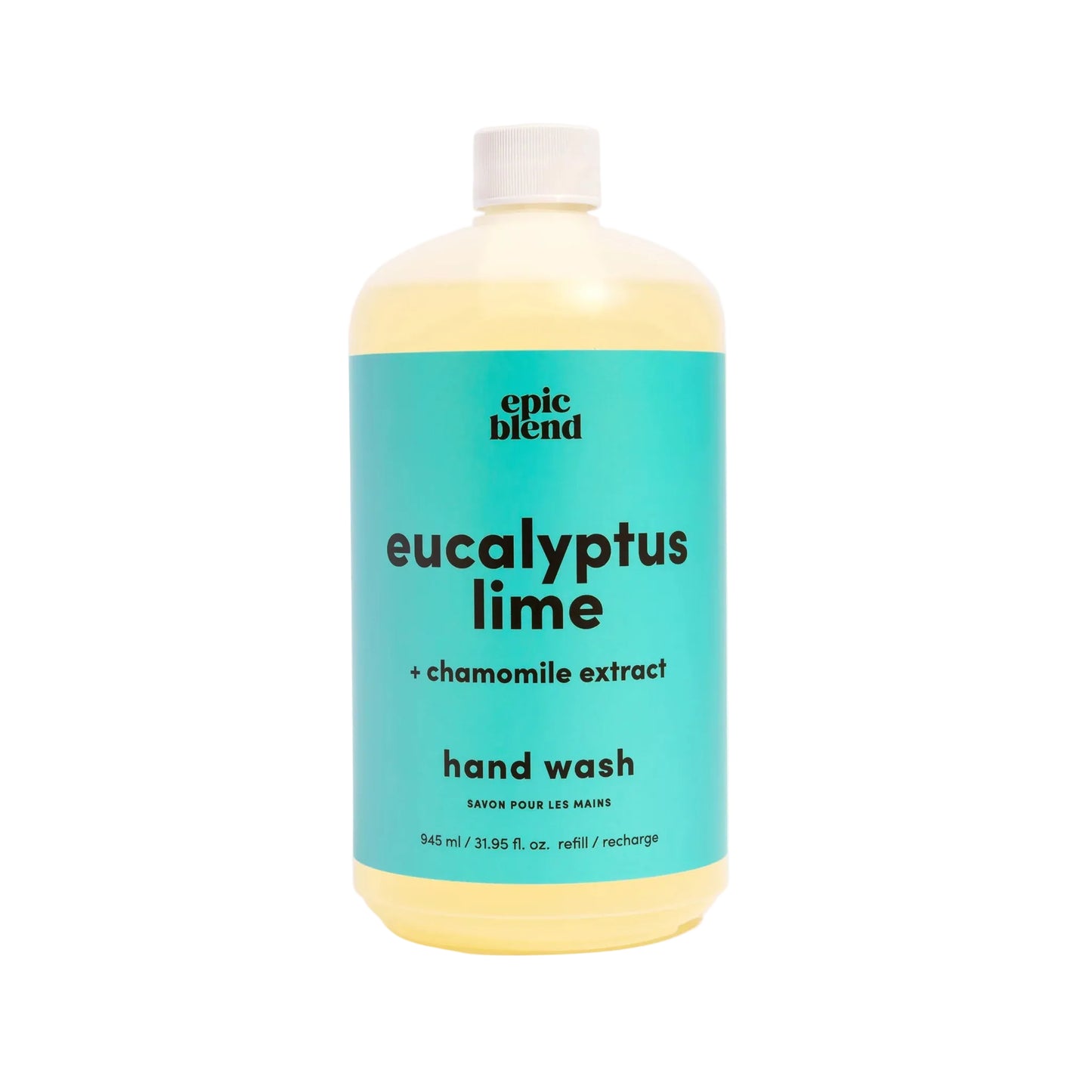 Bottle of epic blend eucalyptus lime hand wash on a white background