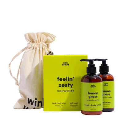 Epic Blend lemongrass product set including a box, two bottles, and a drawstring bag on a white background