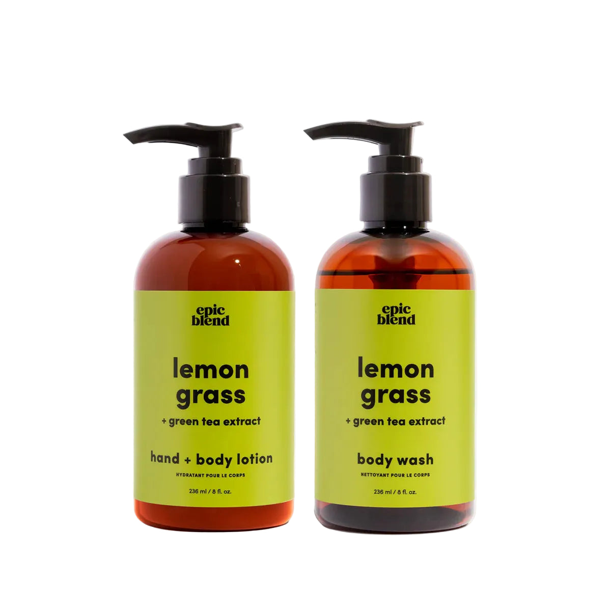 Two bottles of 'epic blend' lemon grass hand and body lotion and body wash on a white background