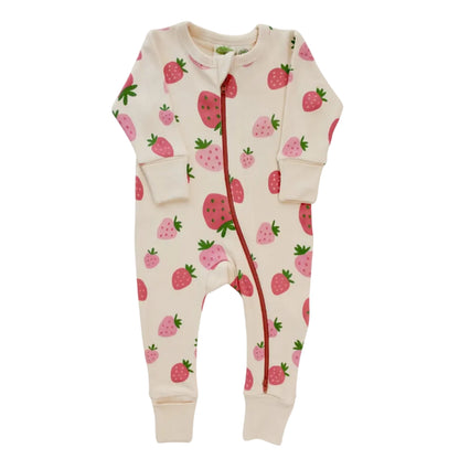 Parade Organics Two Way Zip Long Sleeve Baby Romper, Signature Print Strawberries