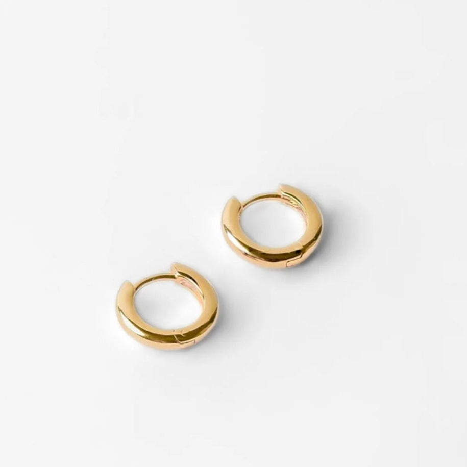A pair of gold-plated brass hoop earrings with gold vermeil hinges, displayed against a white background.