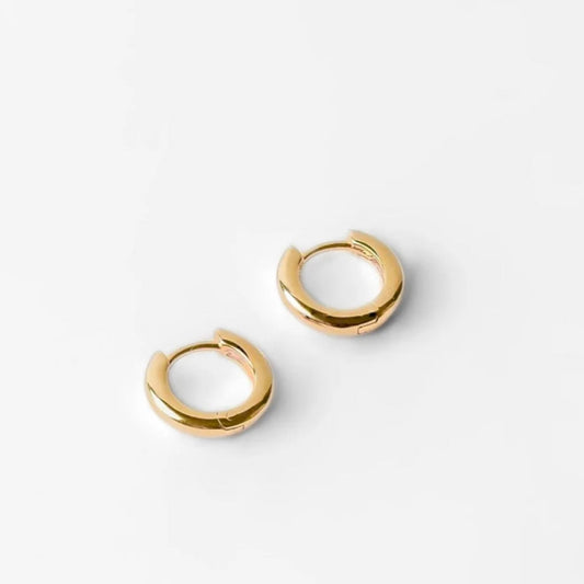 A pair of gold-plated brass hoop earrings with gold vermeil hinges, displayed against a white background.