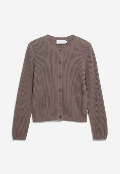 Brown ribbed cardigan on a white background