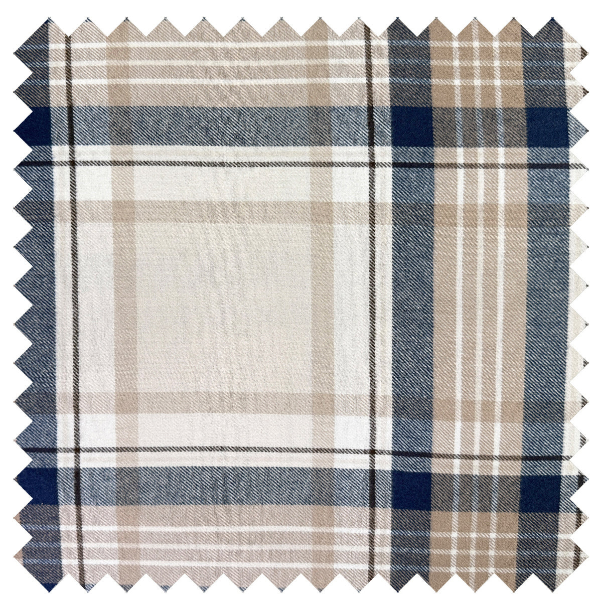 Plaid fabric swatch with blue, beige, and white colors