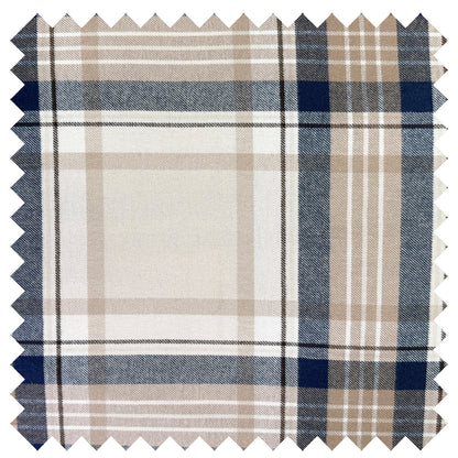 Plaid fabric swatch with blue, beige, and white colors