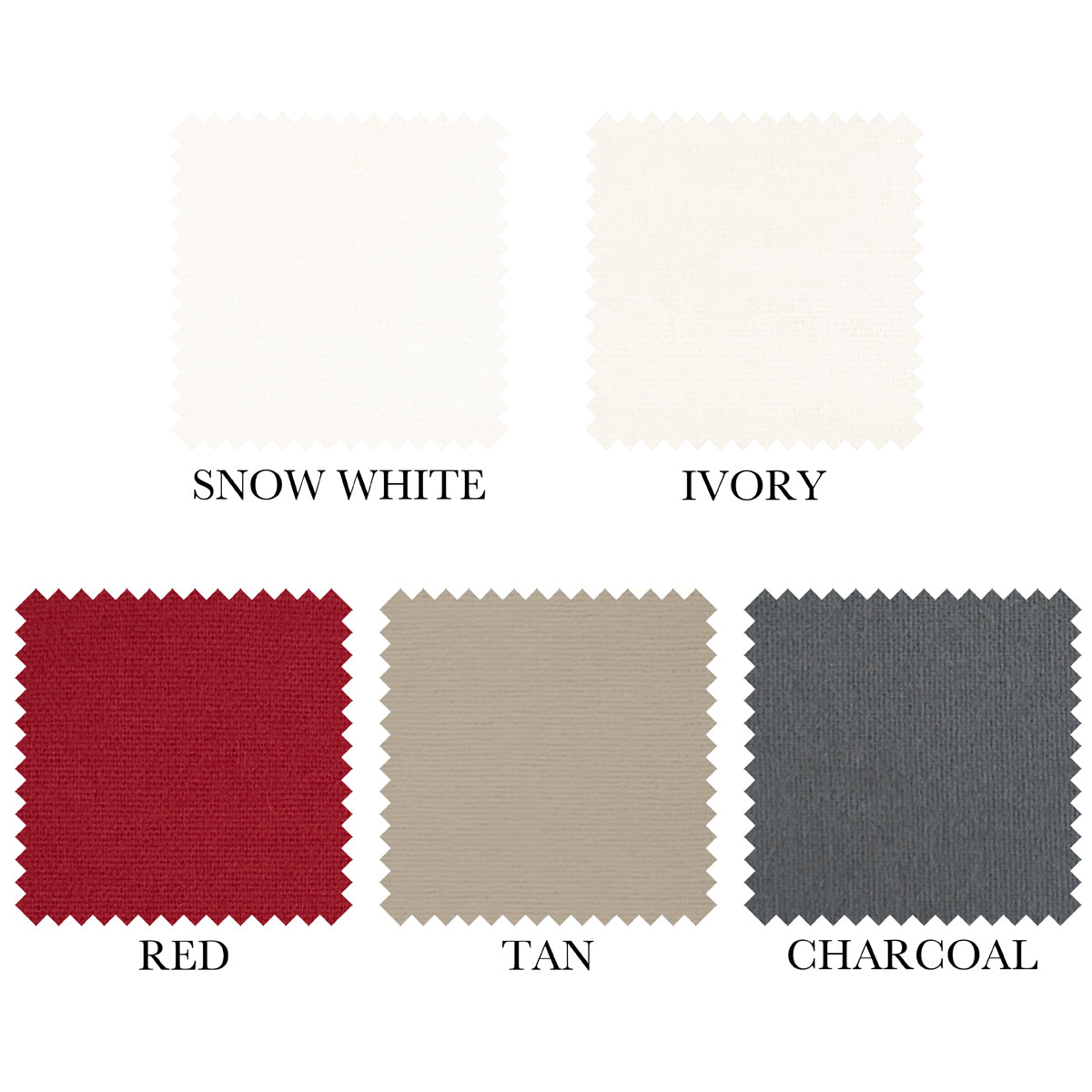 Cuddle Down velvet flannel colour swatches for snow white, ivory, red, tan, and charcoal