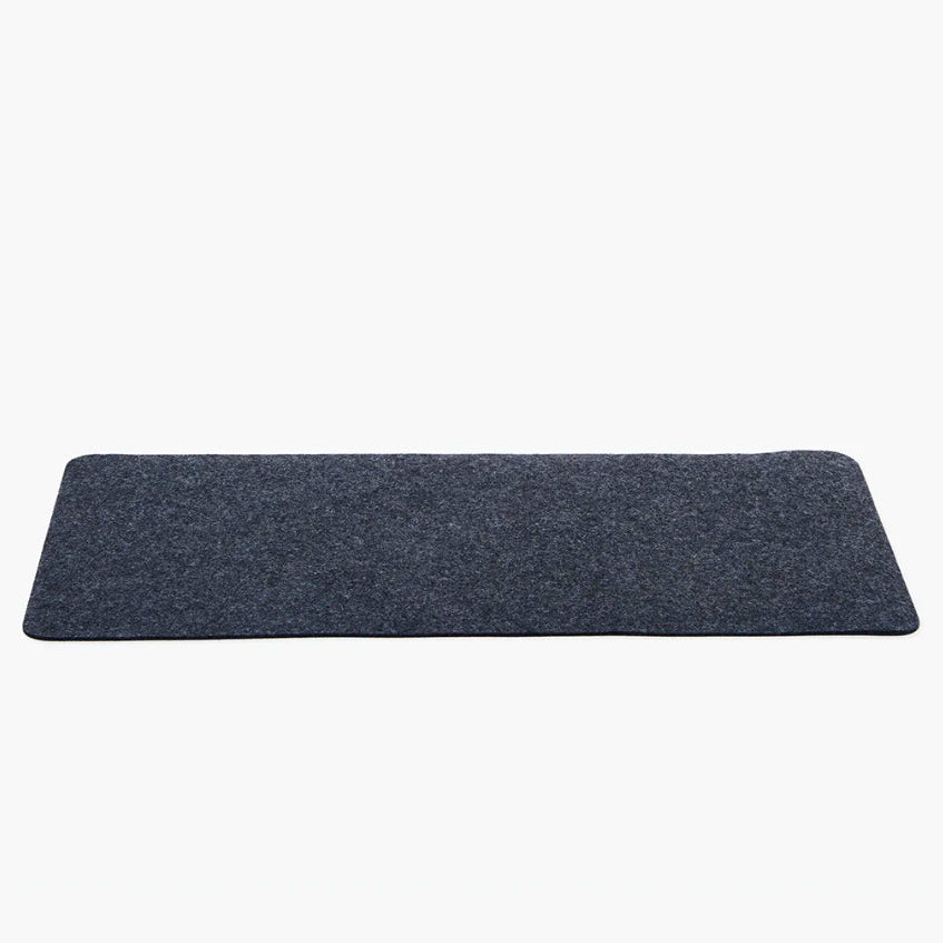 Rectangular dark gray desk mat on a white background