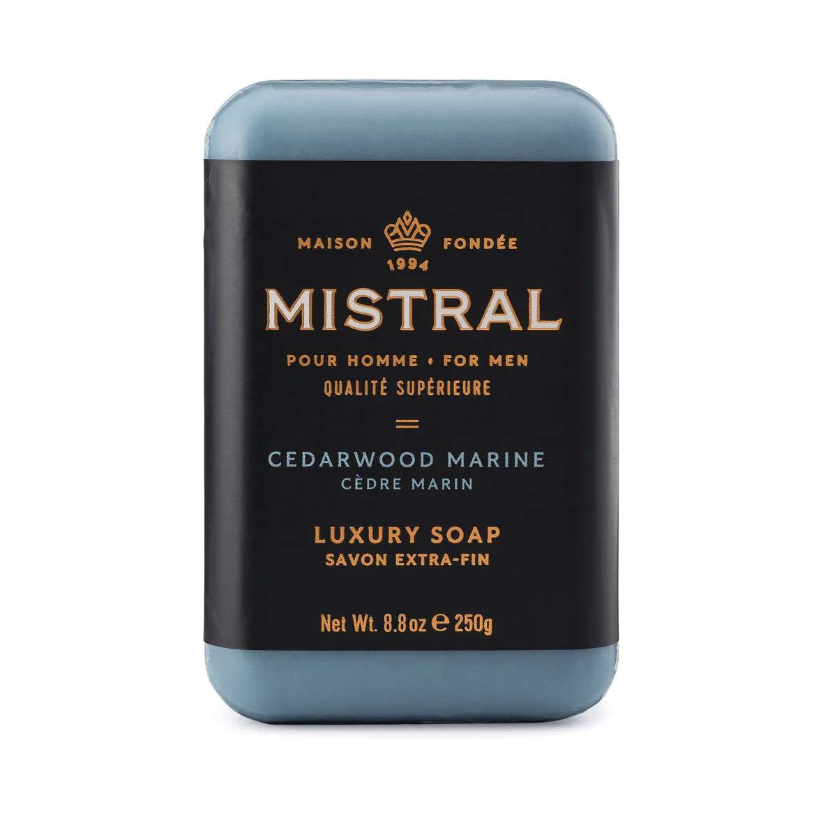 Mistral cedarwood marine luxury soap bar on a white background