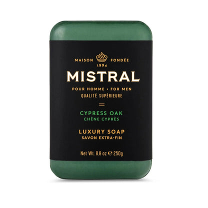Mistral luxury soap bar with black label on a white background