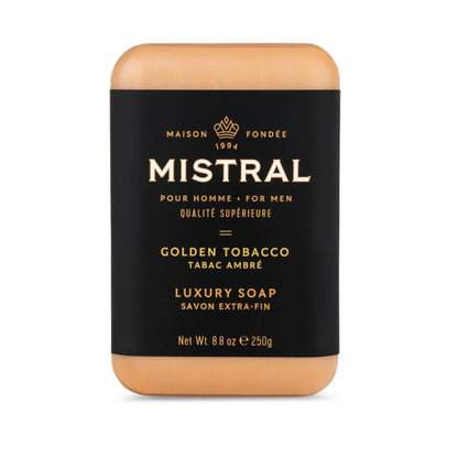 Mistral Golden Tobacco luxury soap bar on a white background