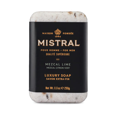Mistral luxury soap bar with black label on a white background